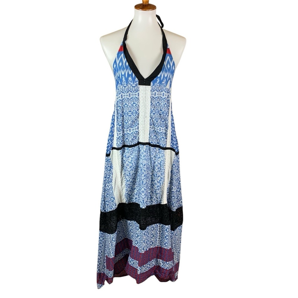 Khaadi Khaas Boho Halter Maxi Dress Blue Patchwork 100% Cotton Small - Picture 1 of 6